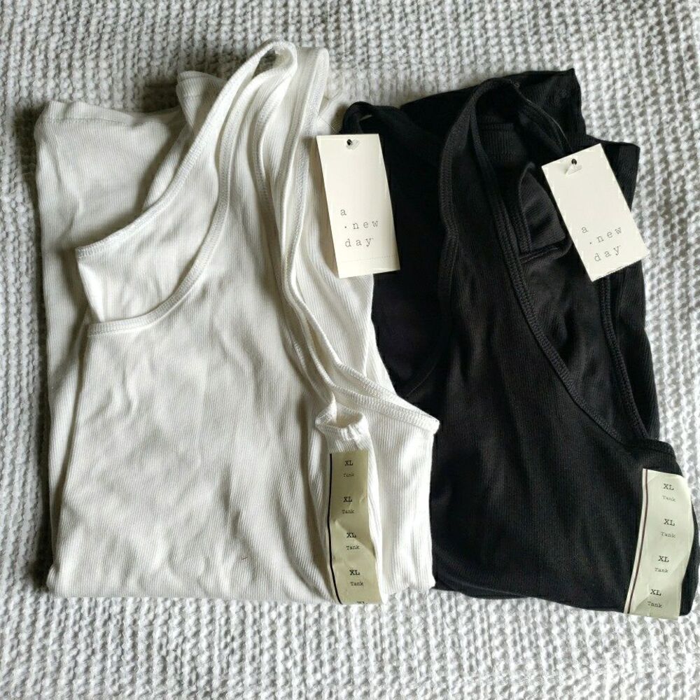 NWT Pair of Womens A New Day Ribbed Tank Tops Black & White Stretch Sizes XL L M